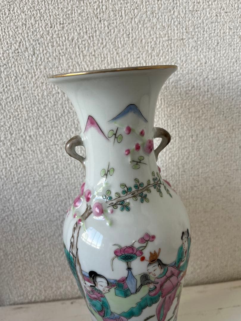 民国時代　中国古玩　粉彩　双耳 花瓶 壺　木箱