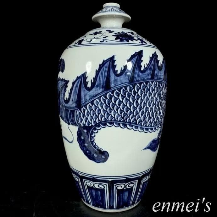 中国古美術・明永楽青花磁器龍紋梅瓶・青花磁・純手描き・陶芸・花瓶・置物・文房具