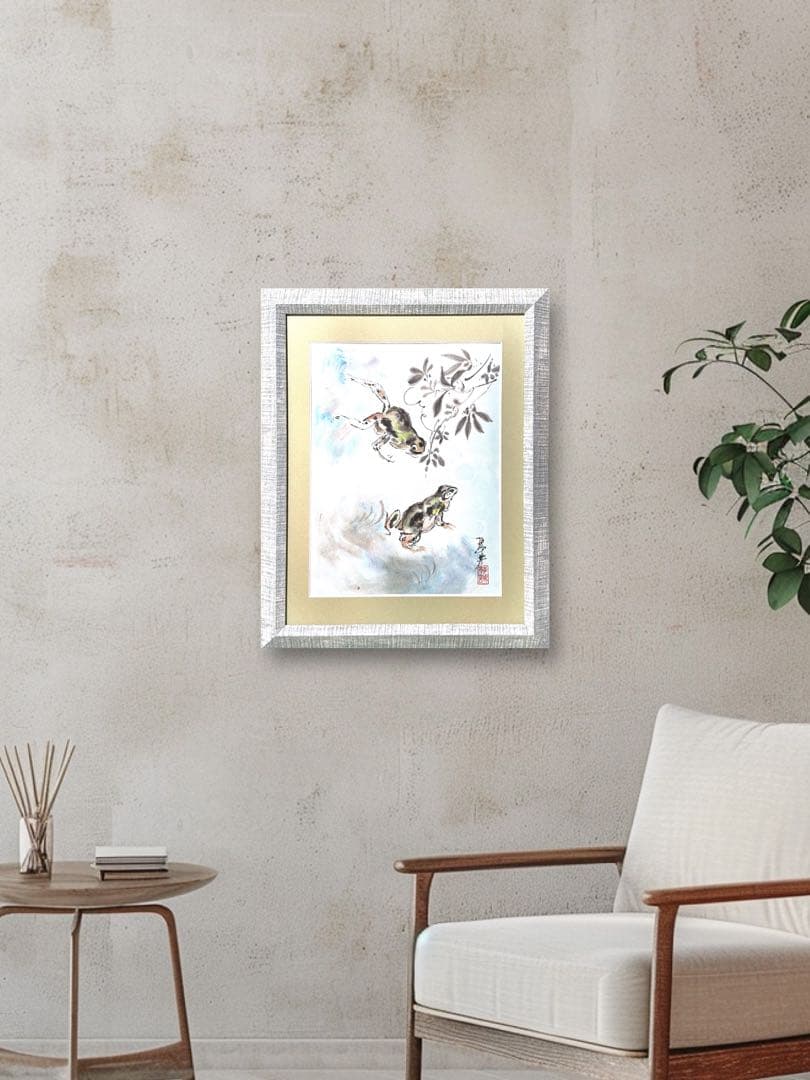 【古口翠芳/Suihou Koguchi】墨彩画　蛙　木製額縁付き