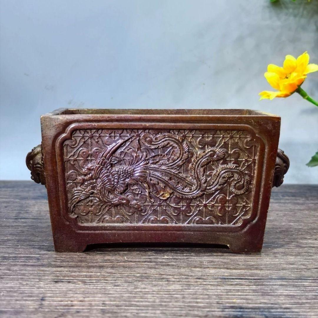 銅器 鳳凰紋獣耳長方炉 焼香炉 挿し香炉 仏具 馬槽炉 机頭炉 工芸品 置物