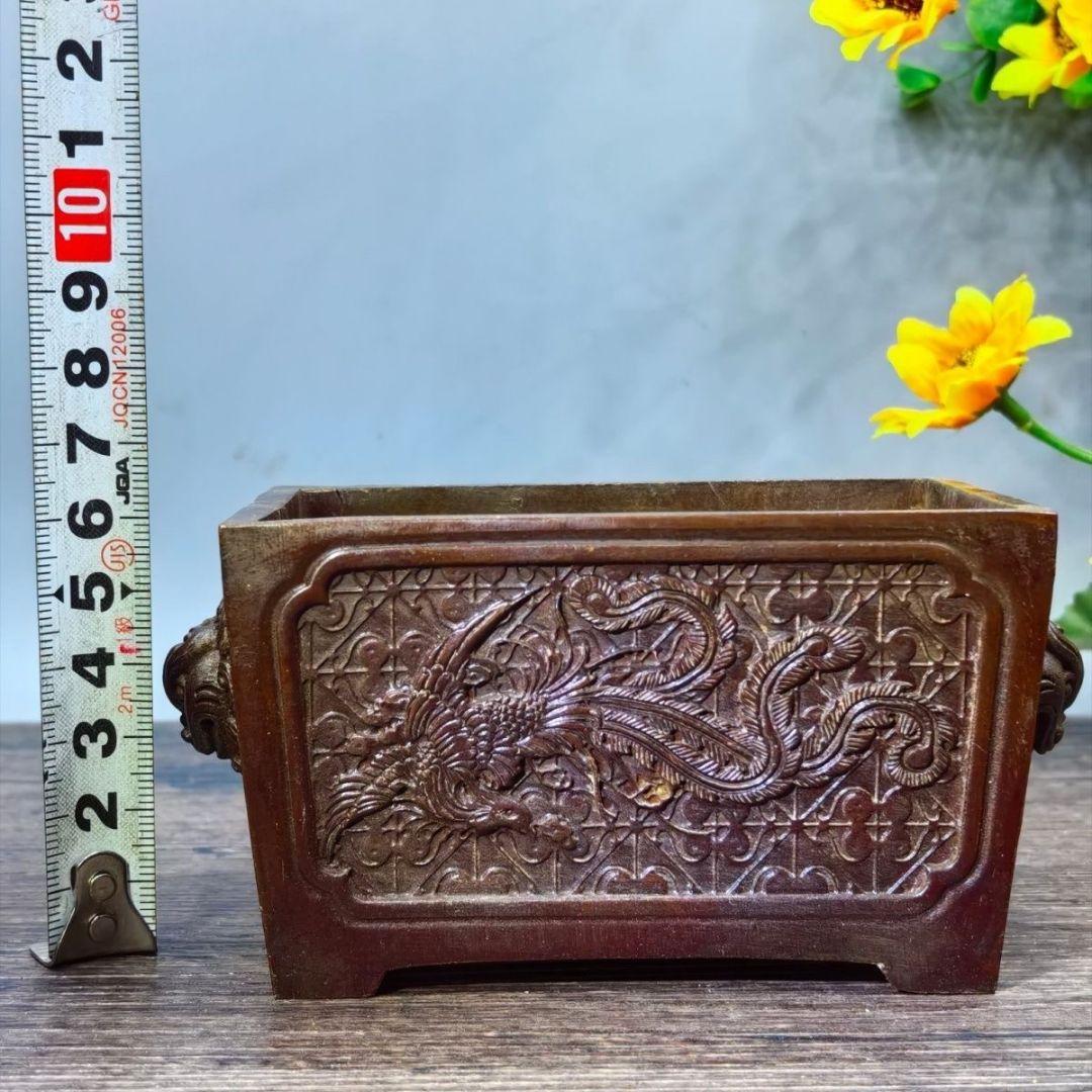 銅器 鳳凰紋獣耳長方炉 焼香炉 挿し香炉 仏具 馬槽炉 机頭炉 工芸品 置物