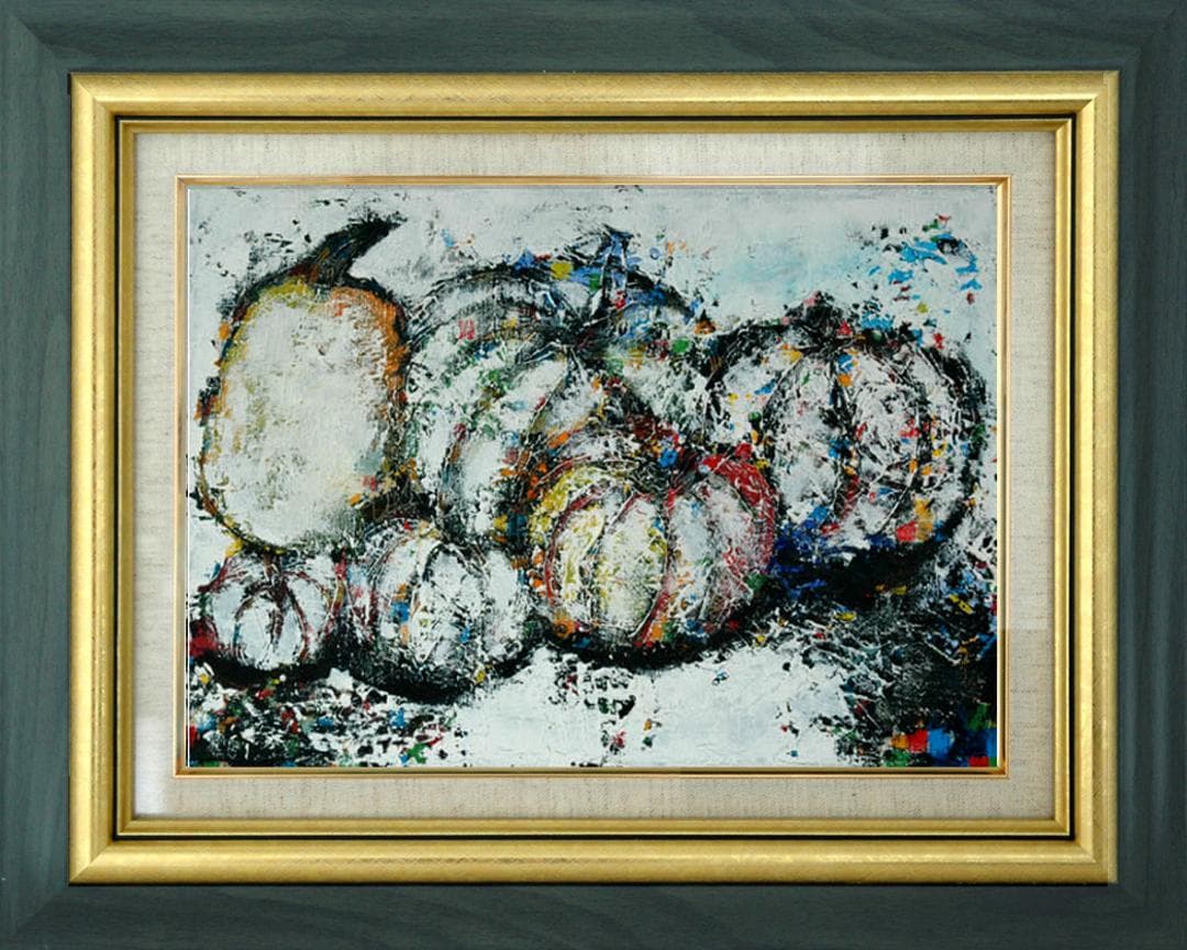 油絵 菅家令子 絵 絵画インテリア 額付(青緑＋金色の枠)uF6-030114