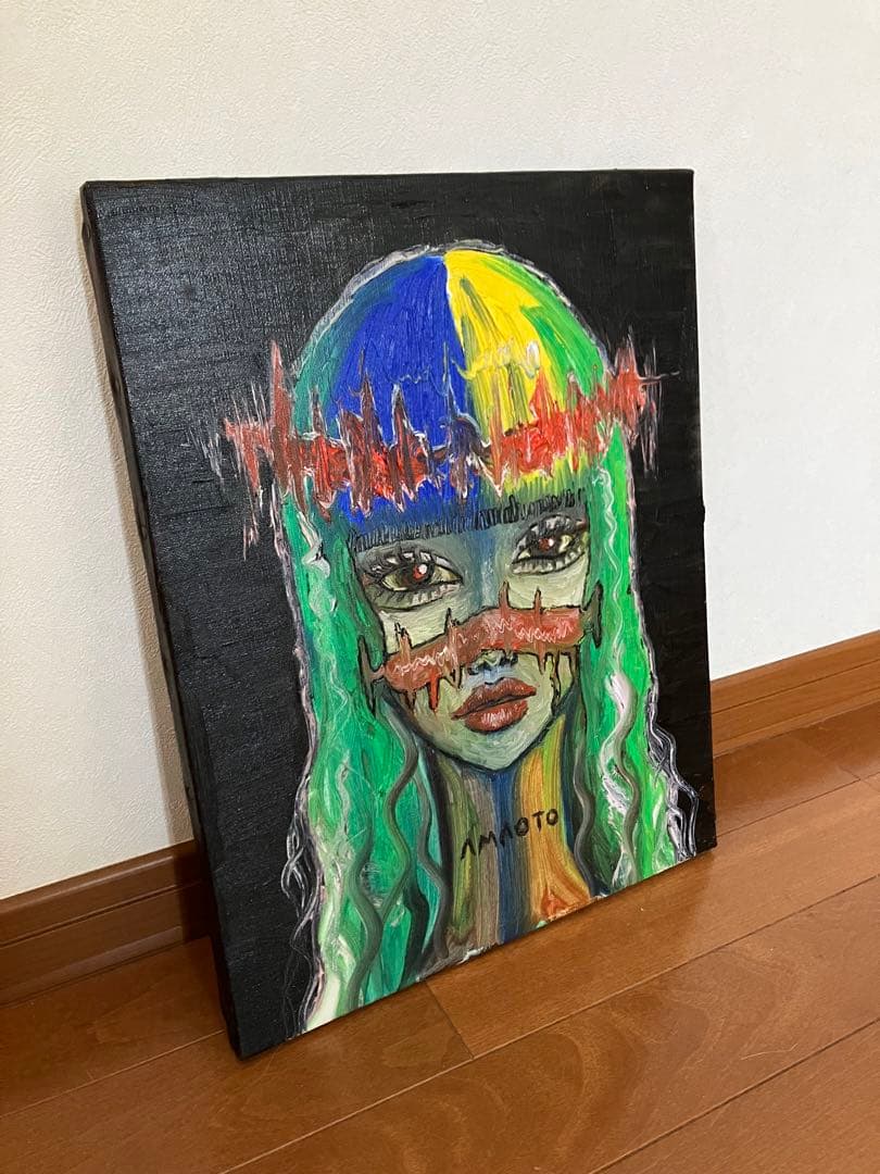 一点物 油絵 緑 女性 黒 キャンバス