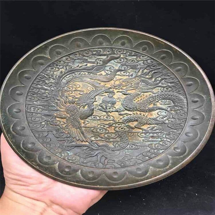 古玩古工芸品黄銅竜鳳大皿器型規整文房用品