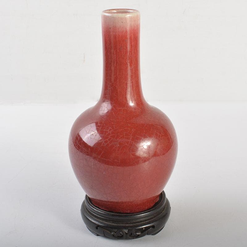 中国　辰砂釉　長顎瓶　唐木台付　D　R6754