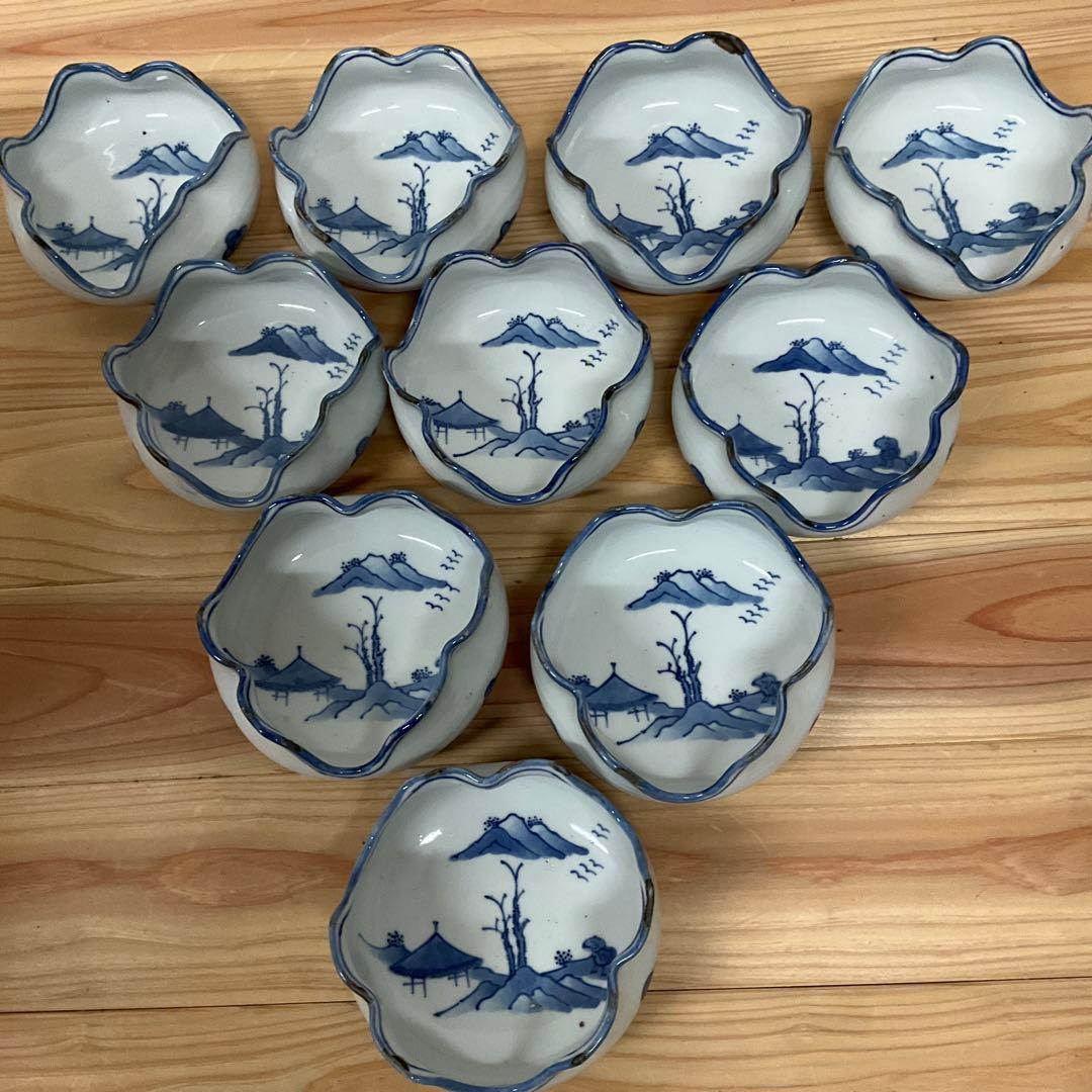 古染付　山水図膾向付　１０客揃え