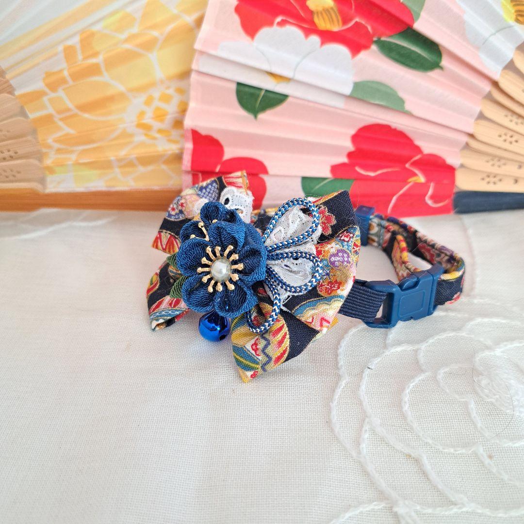 つまみ細工ダブルリボン(青)わんちゃん猫ちゃん用首輪