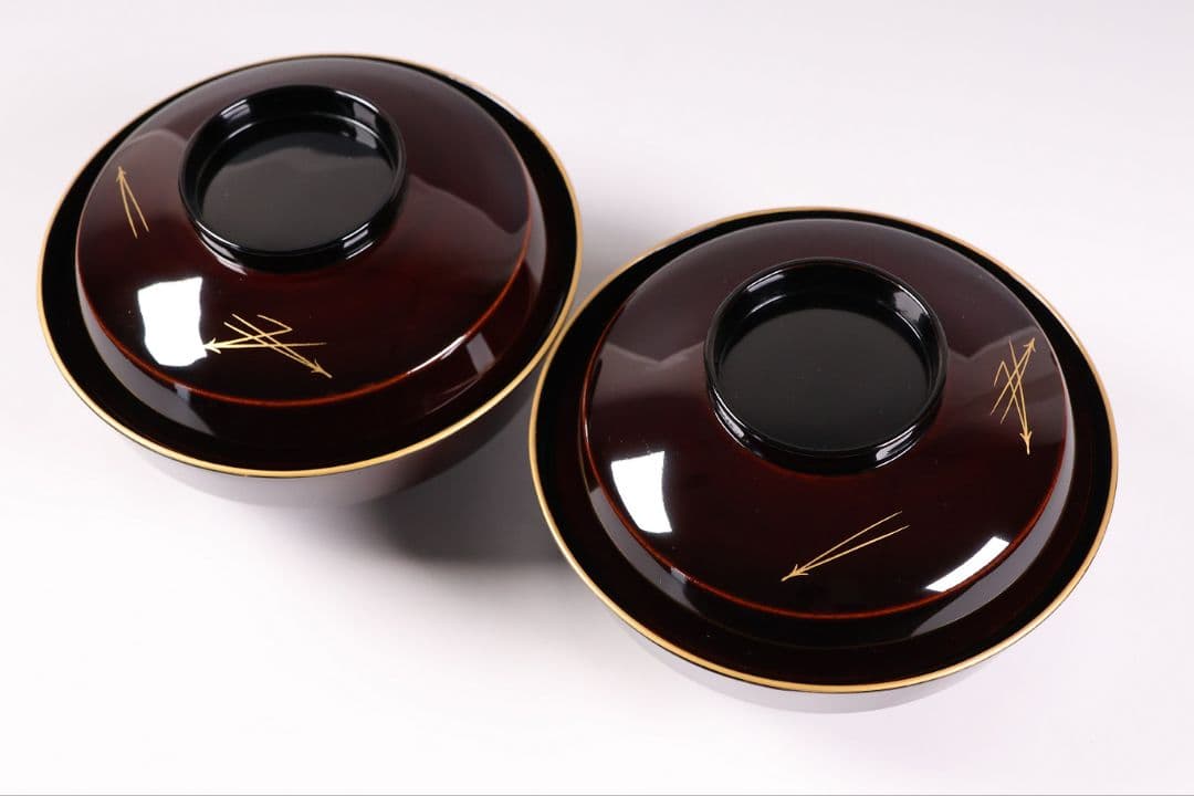 【CM376】大正期 月と松 飛翔鶴 金蒔絵 欅地溜塗 黒塗 椀二客 木製漆器