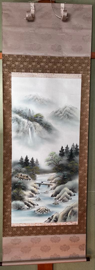 近藤清風 彩色山水図 掛け軸 尺八立 木箱入り 記名・押印あり 日本画