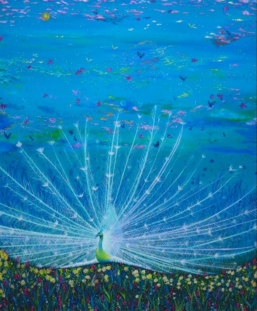 絵画　『色うつる空』 アクリル画家　白孔雀　縁起物