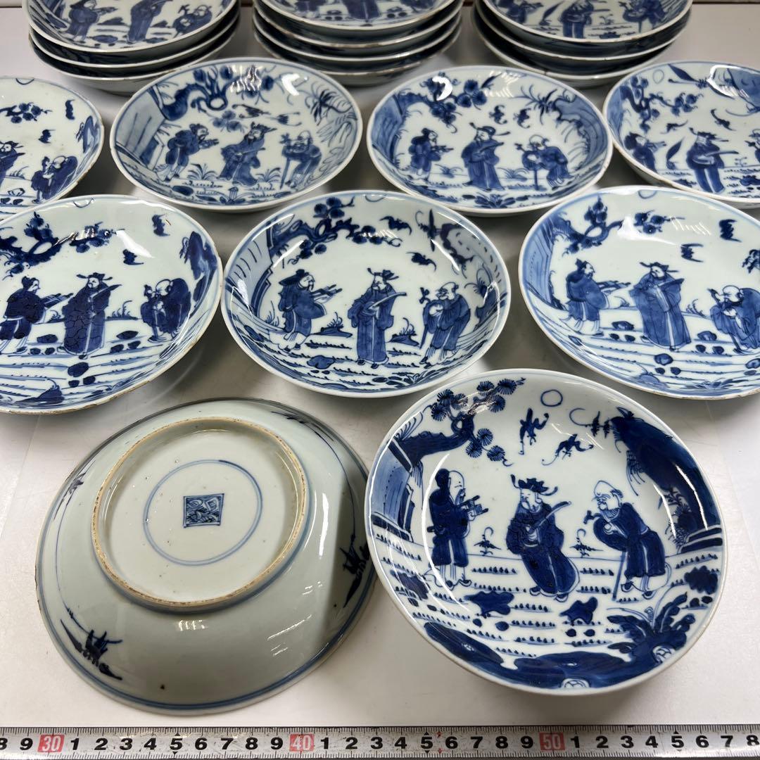 中国明末清朝期　古染付人物画中皿19枚　木箱　約16.5㎝東Y7-0723⭐︎2F