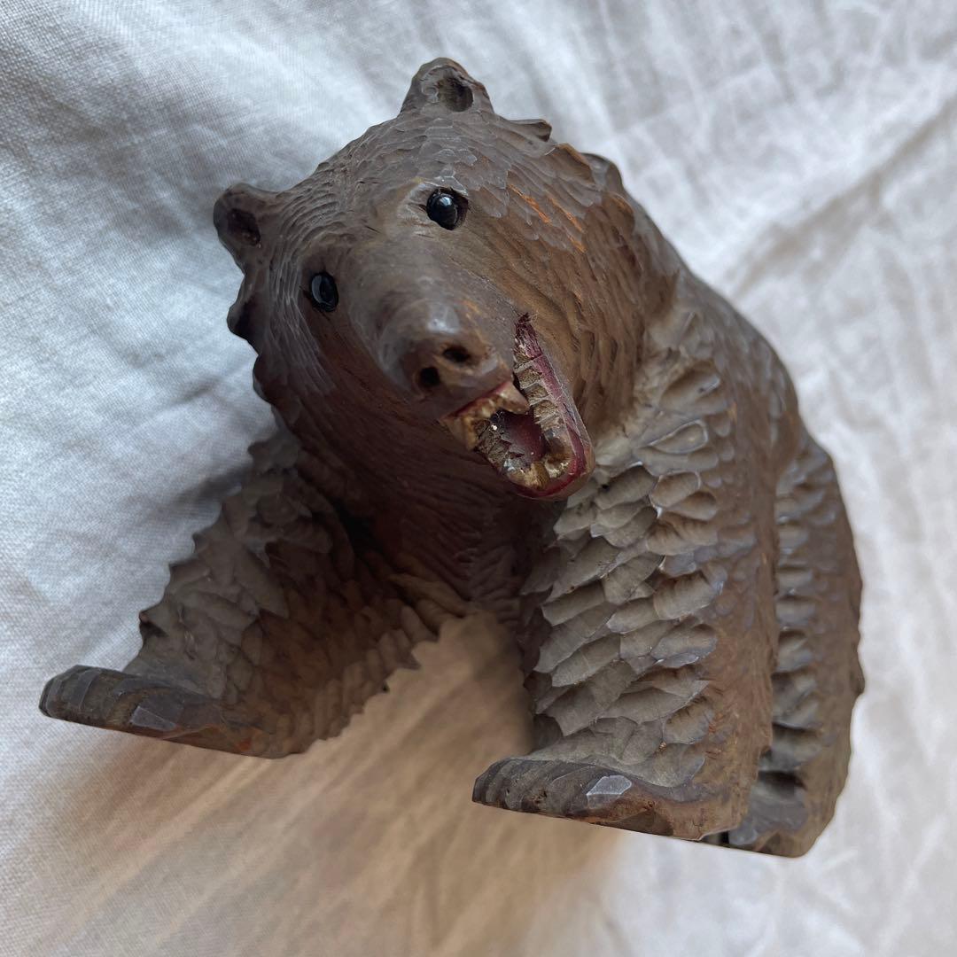 ビンテージ　木彫り　熊　ダークブラウン　ガラス目　作家　アンティーク