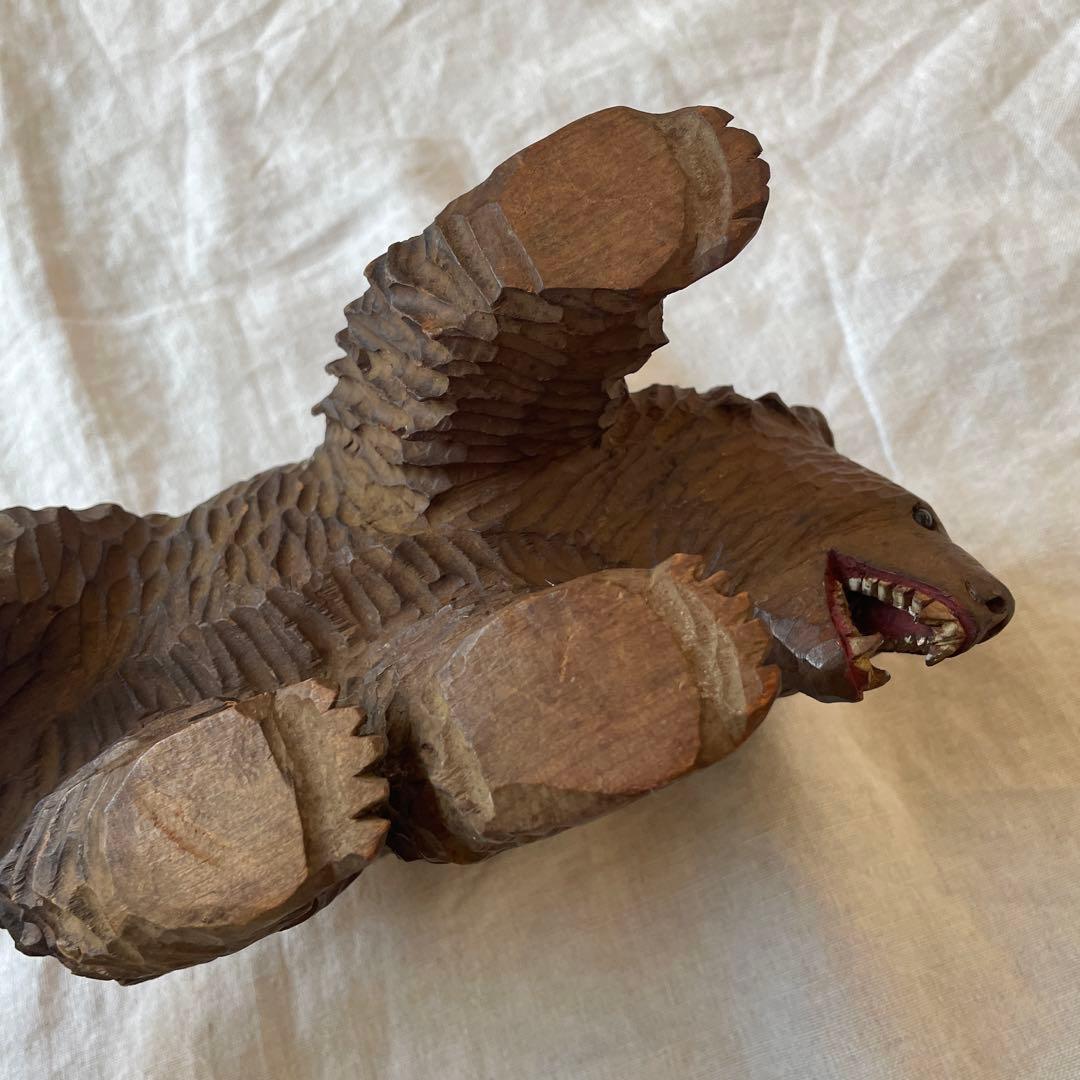 ビンテージ　木彫り　熊　ダークブラウン　ガラス目　作家　アンティーク