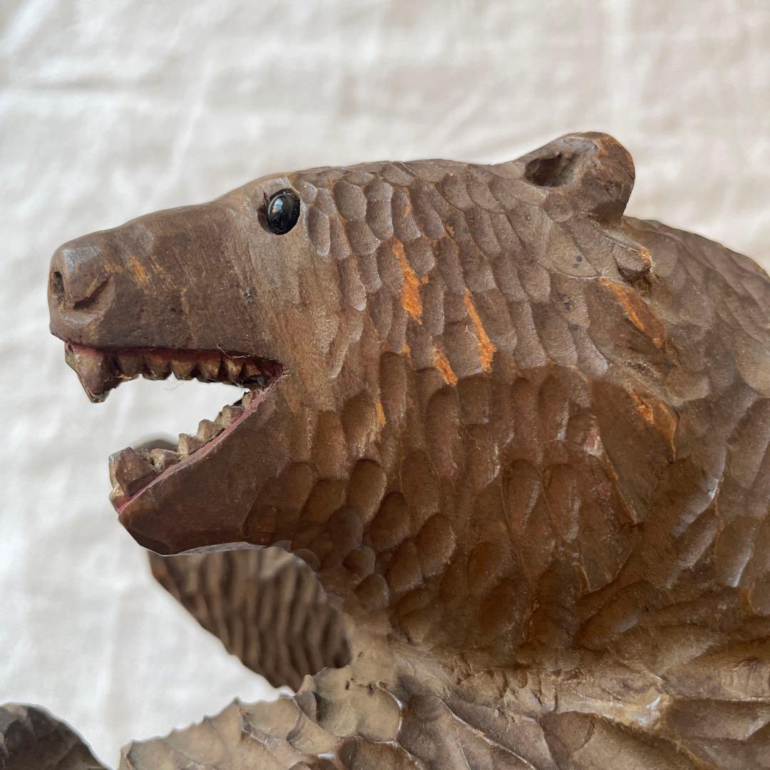 ビンテージ　木彫り　熊　ダークブラウン　ガラス目　作家　アンティーク