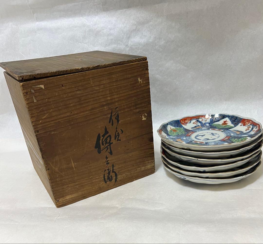 希少江戸時代 富長貴春 豆皿手塩皿 錦絵 色絵金彩時代物6点木箱あり直径21.5