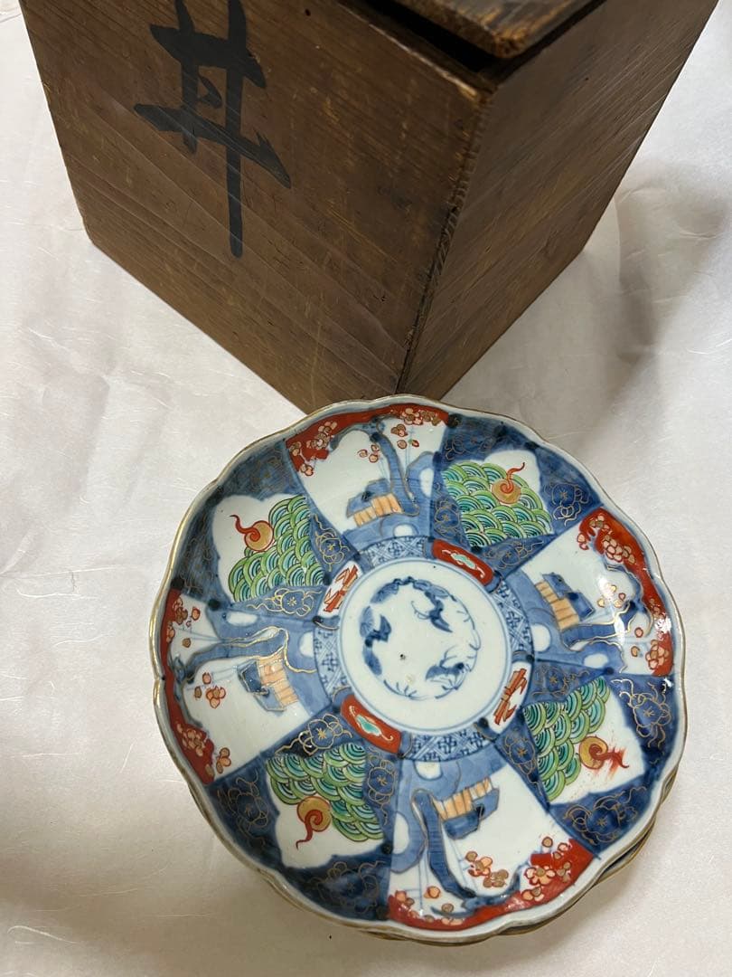 希少江戸時代 富長貴春 豆皿手塩皿 錦絵 色絵金彩時代物6点木箱あり直径21.5