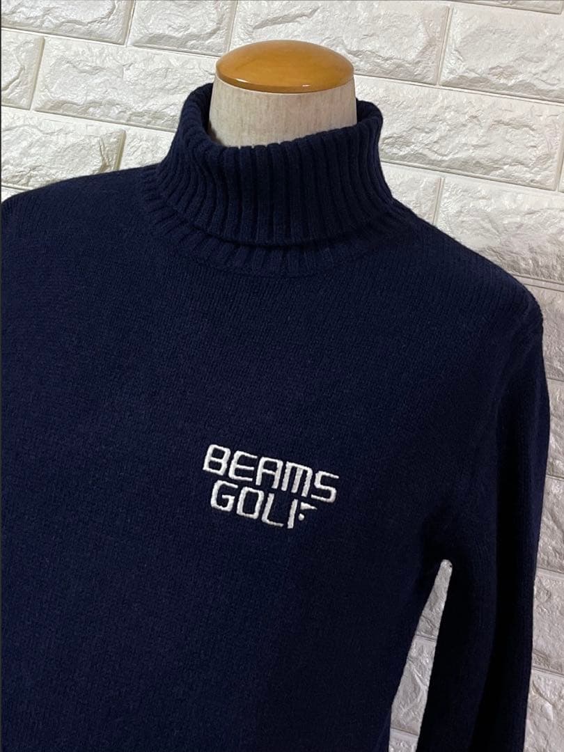 BEAMS GOLF ウール100% バイカラー タートルネック ニット 紺 S
