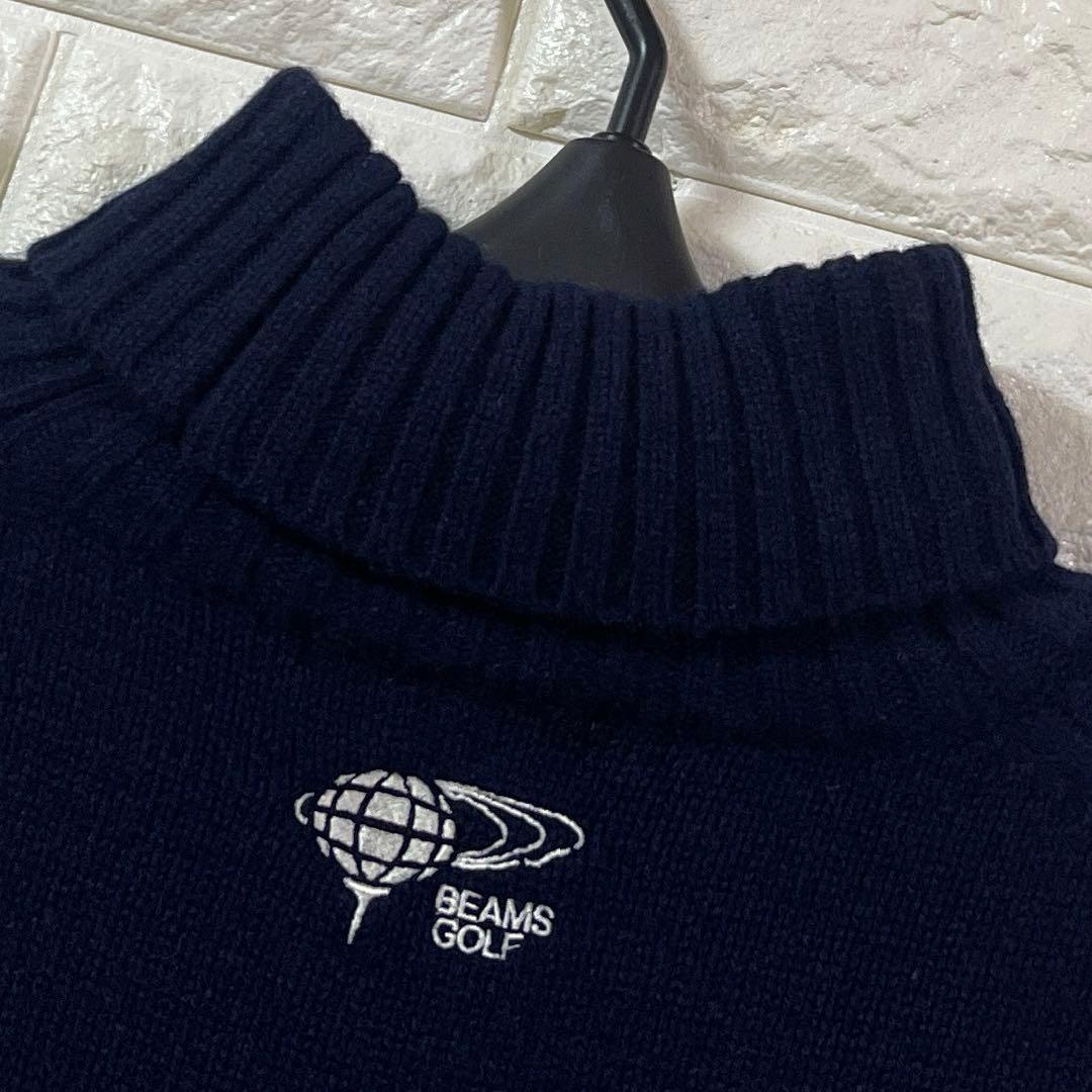 BEAMS GOLF ウール100% バイカラー タートルネック ニット 紺 S