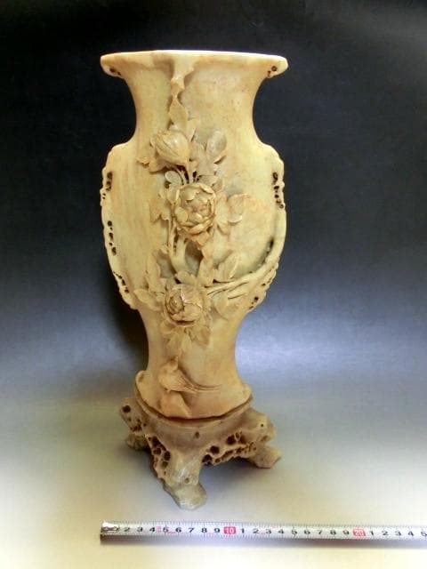 花瓶●寿山石 石彫り 花器 手掘り 花唐草 鳥 土物 古玩 唐物 時代物 骨董品