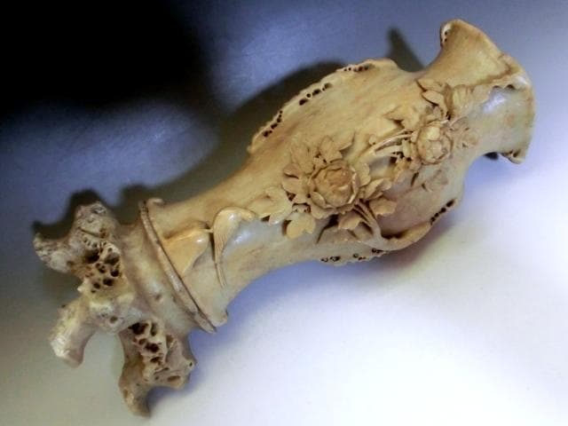花瓶●寿山石 石彫り 花器 手掘り 花唐草 鳥 土物 古玩 唐物 時代物 骨董品