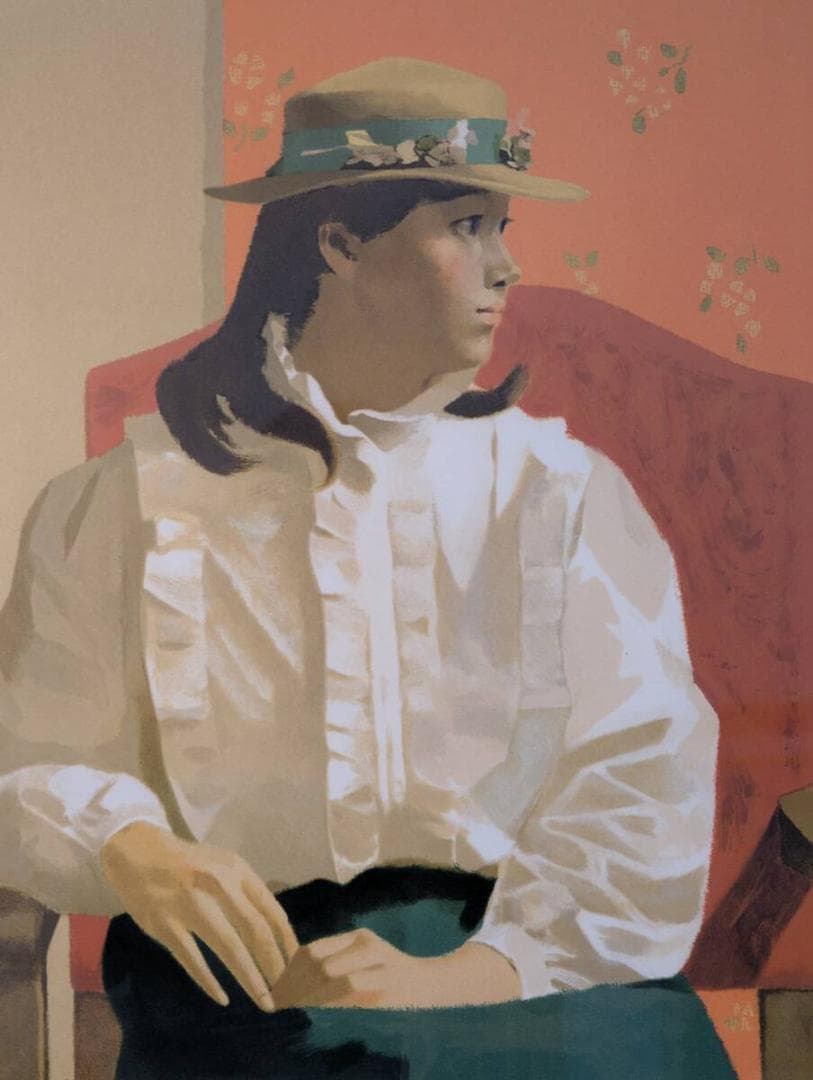 【真作】版画　中村清治　リトグラフ　花帽子の肖像　エレガントな横顔　箱入　Y2