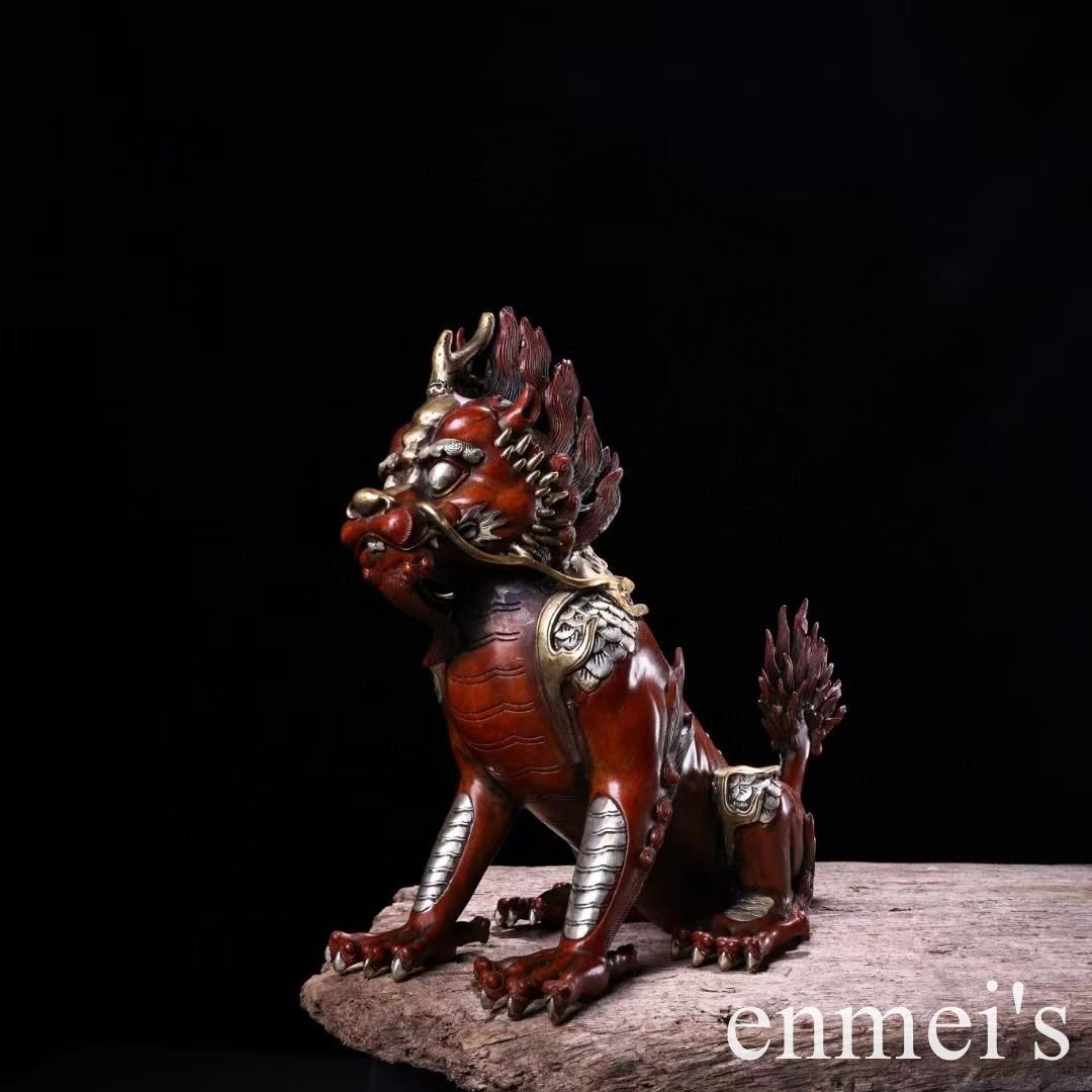 中国古美術・旧蔵鎏金鎏银の麒麟置物・瑞獣・純銅制・高浮彫・案頭・文房・禮品・風水