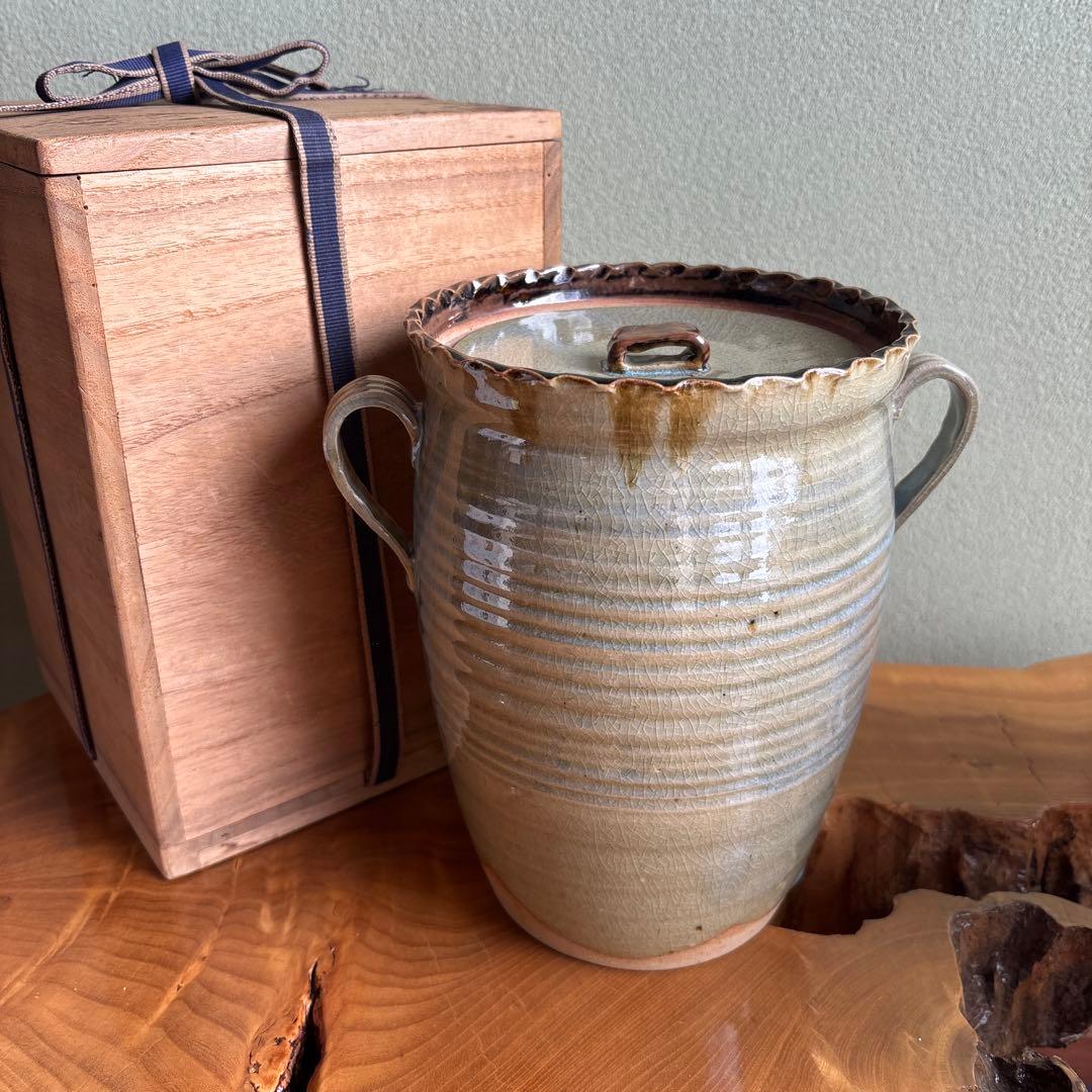 膳所焼 岩崎新定 陽炎園造水指 茶道具 共箱