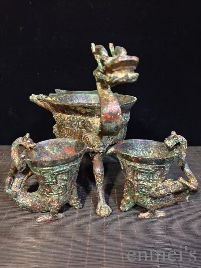 中国古美術 漢代 青銅器3点セット 龍首柄 鎖斗 酒器 三足設計 温酒器 禮器