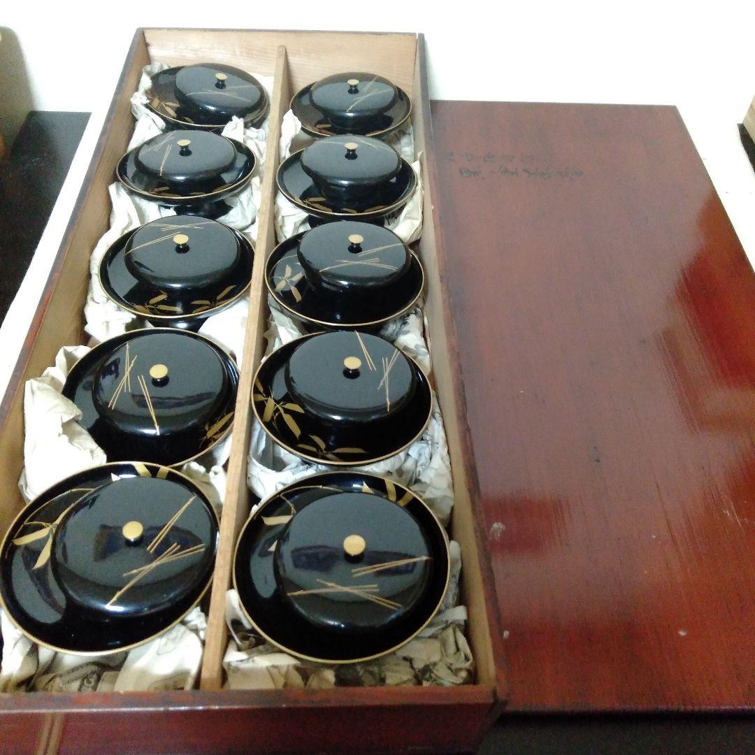 松竹梅蒔絵入　木製茶台十客