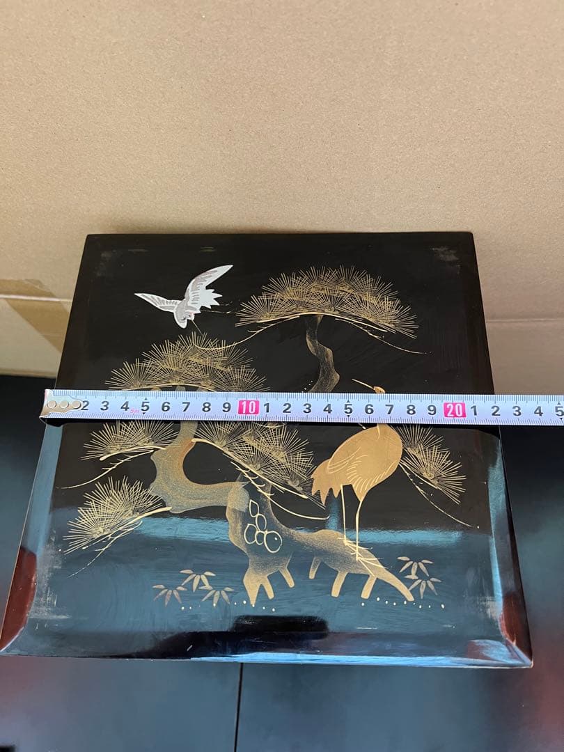 785 黒漆塗り沈金重箱　鶴松金蒔絵　松　4重　高級