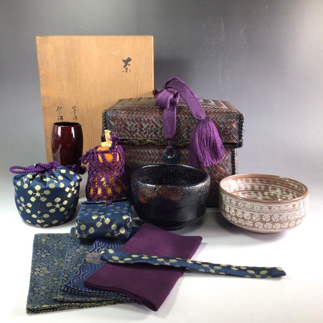 Ｒ６５１　御所籠　『篭師　和田鱗司作』『竹茶籠』『茶器揃』　共箱　茶道具