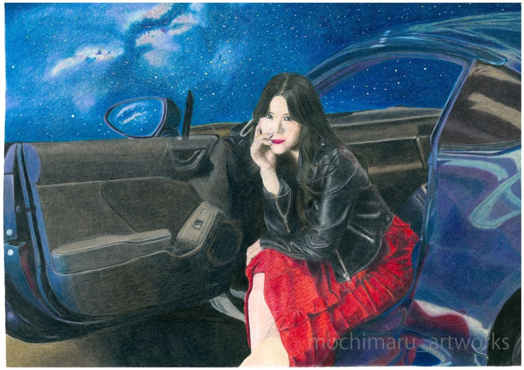 美女と車と星空と。（色鉛筆画／額付き／A3サイズ／肉筆）