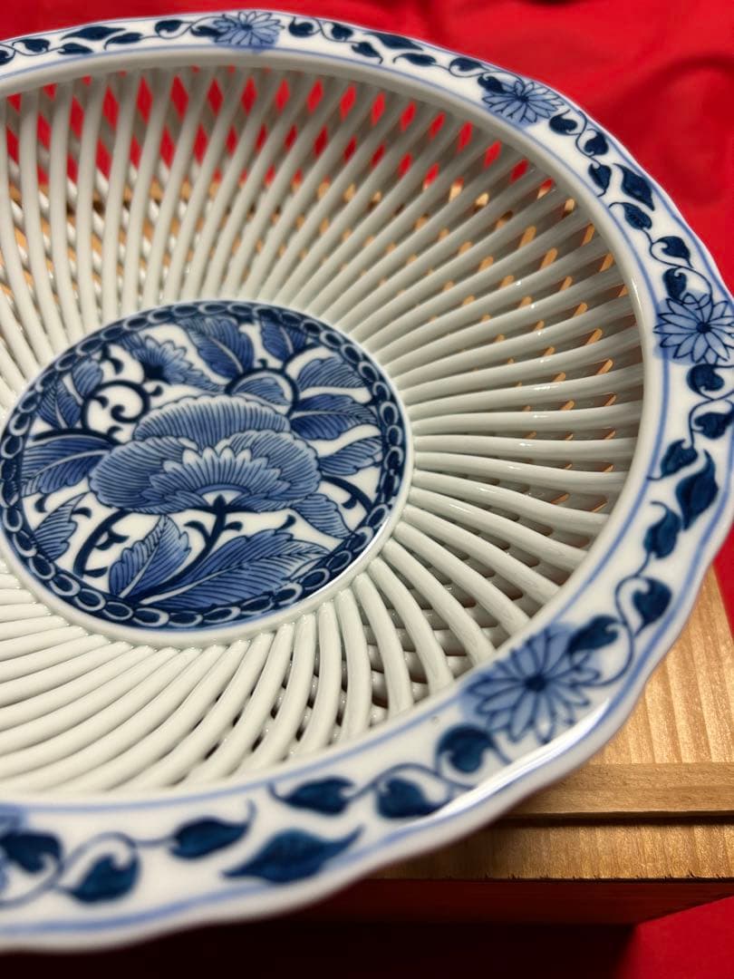 骨董　箱付き　網目菓子鉢　透し網み目　網目焼　琴峰作　年代物