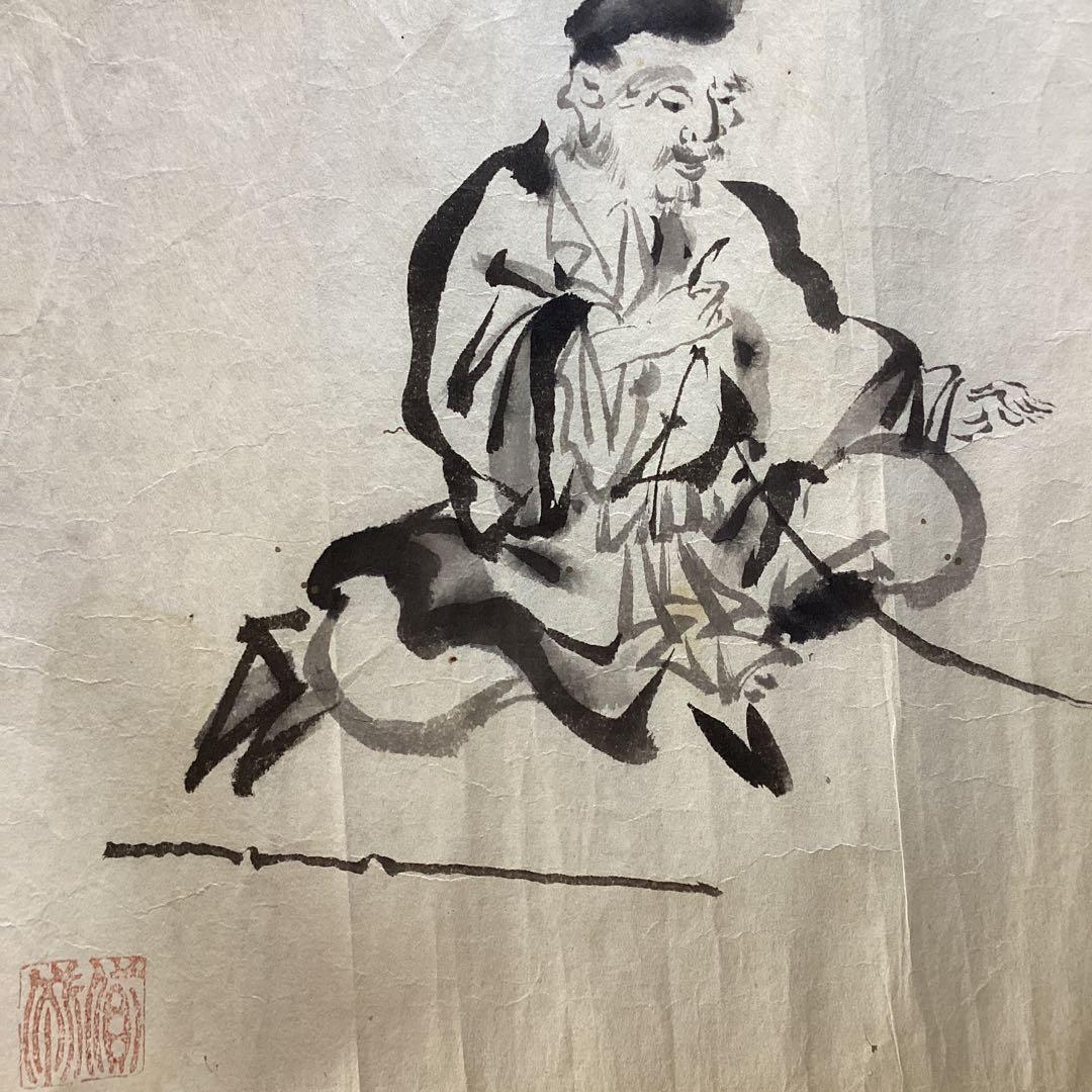 池大雅　　紙本　捲り　三筆　【　竹林賢人　寿老人　人物図　】　水墨画真作保証