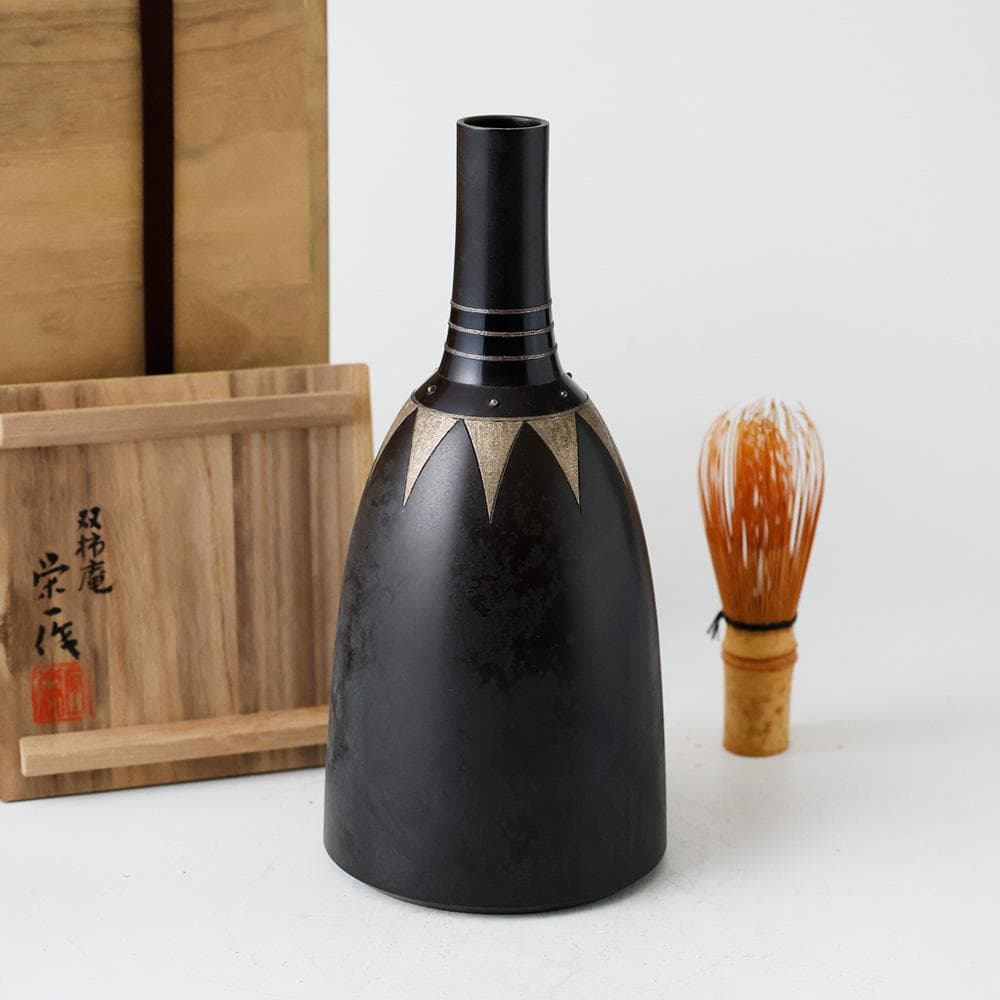 人間国宝 金森映井智（ 栄一 ）双柿庵 銀布目象嵌一輪花 銅花瓶 花器