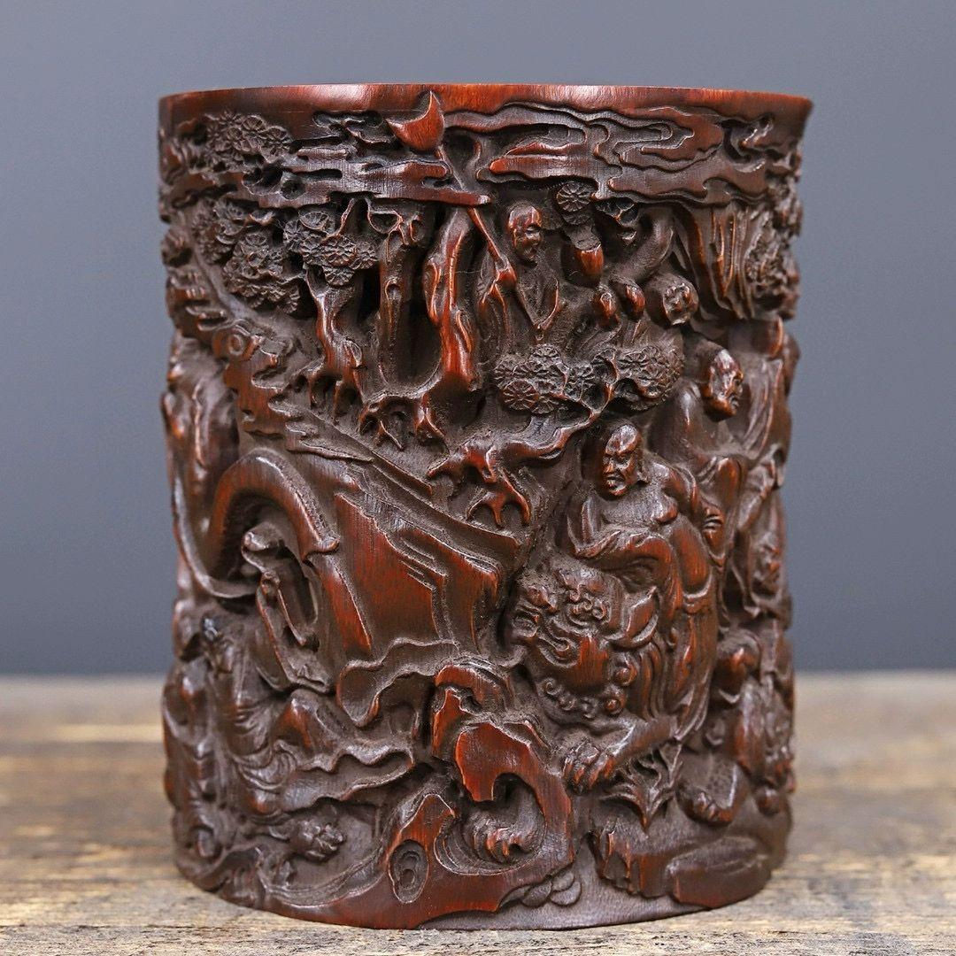 竹 細工 彫刻 十八羅漢筆筒 書道具 文房具 工芸品 置物