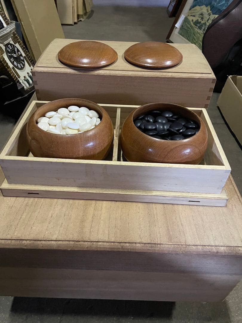 日向特製蛤碁石32号　那智黒石 栗碁笥 特大碁石 木箱付き