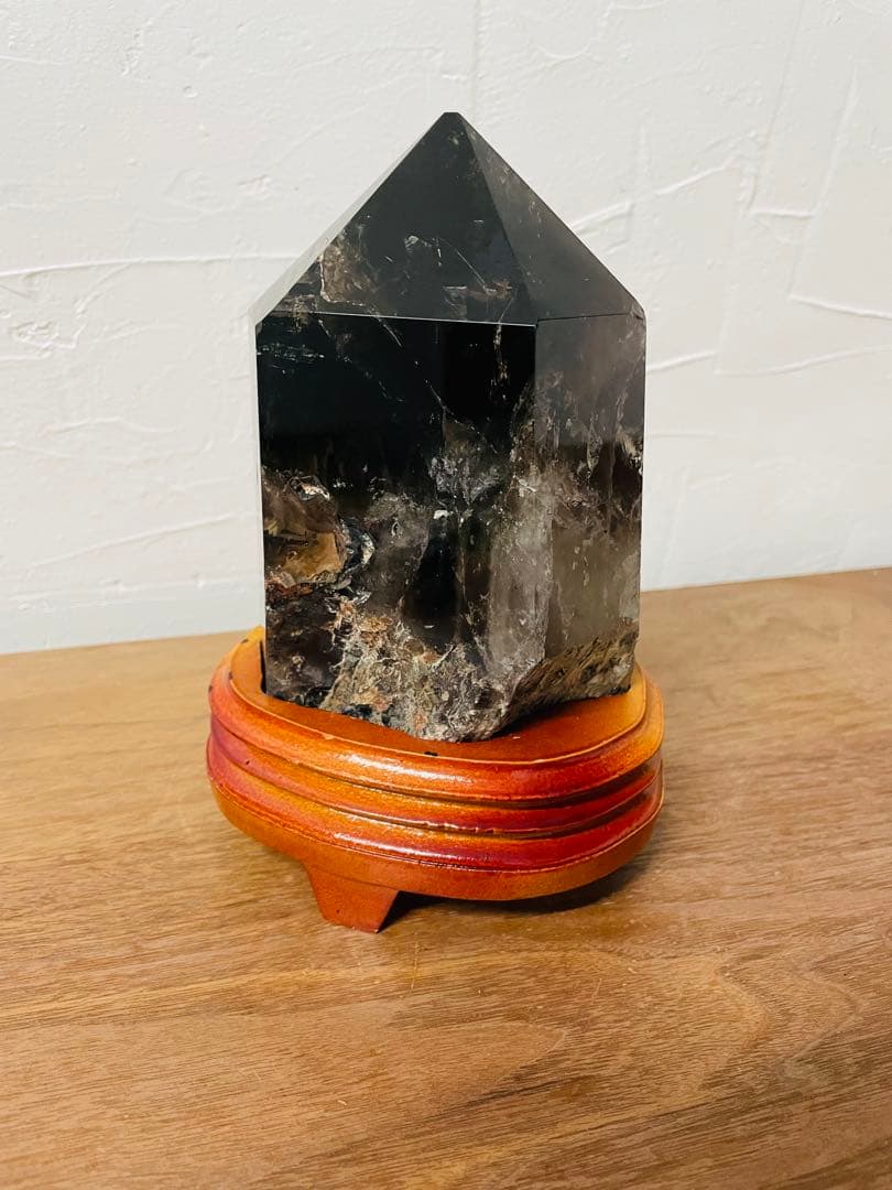 煙水晶 スモーキークォーツ 六角柱 約20cm 台座付き