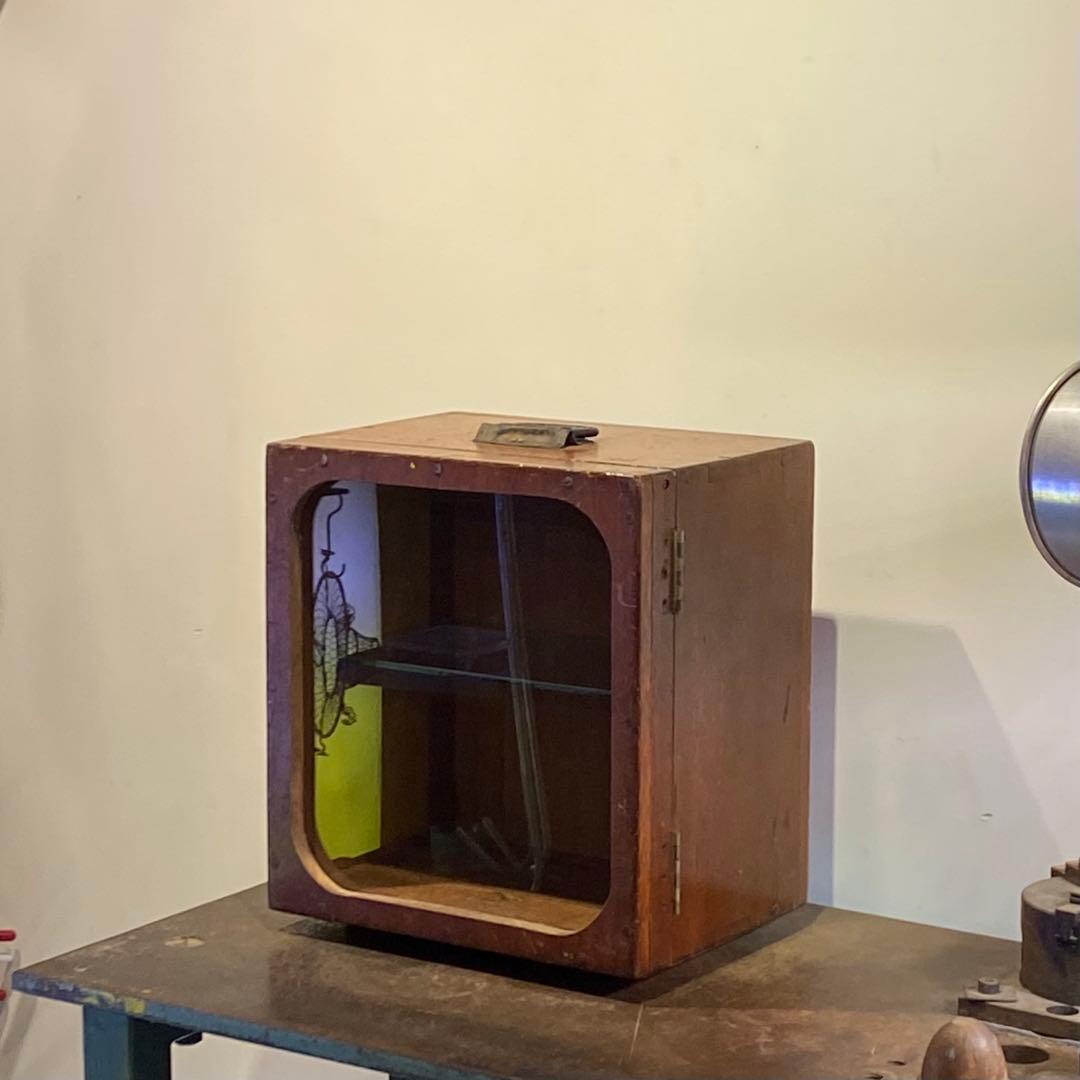 扉と持ち手の付いた古い二段ガラスケース アンティーク