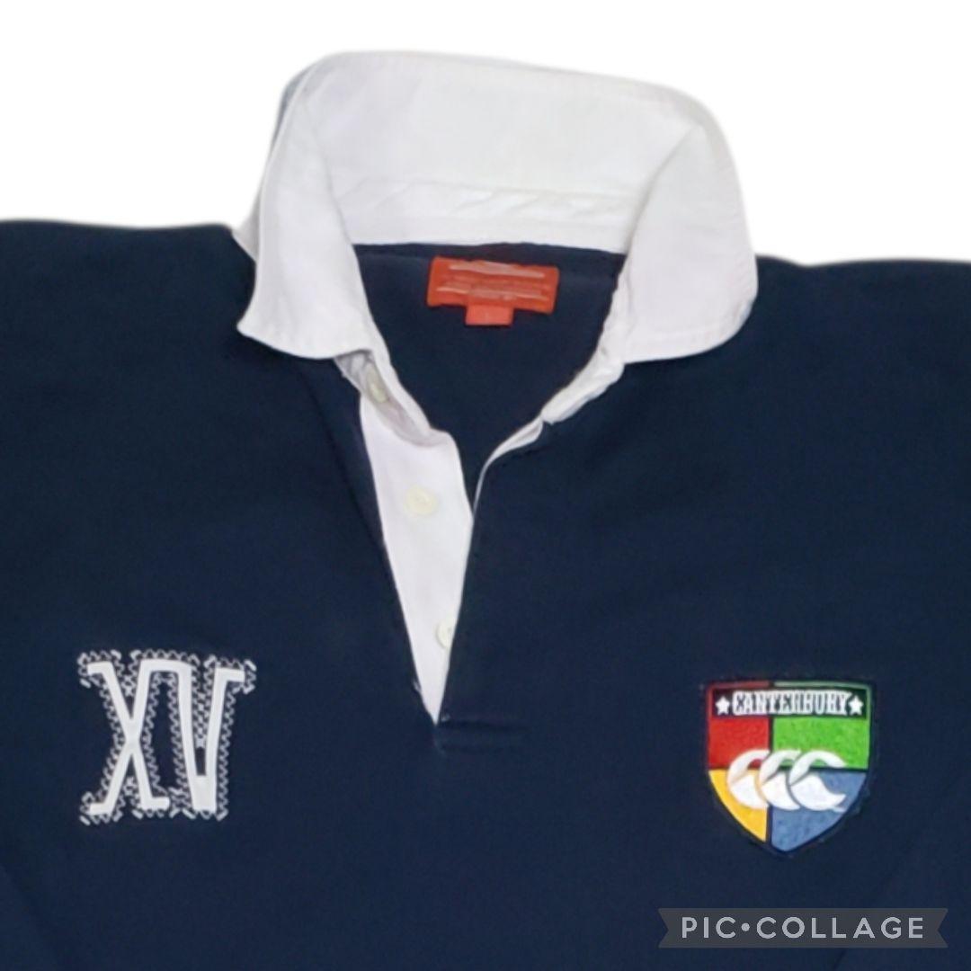 カンタベリー　ラガーシャツ パッチ刺繍　Lサイズ　オリジナルボタン　紺色　長袖