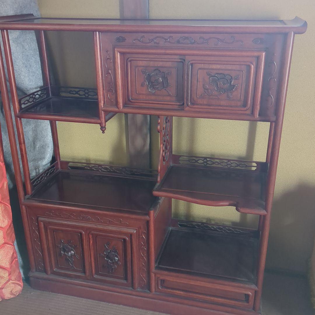 木製彫刻入り5段棚 引き出し付き