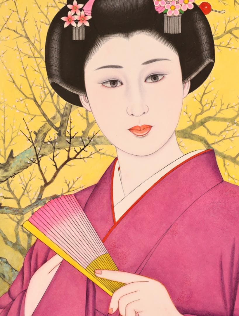 【真作】 BK286　渡部岱龍 「 早春 」 日本画　美人画　黄袋　タトウ