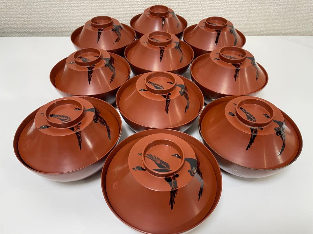 漆器 懐石道具 芦泉謹製 木製溜塗 雑煮椀 吸物椀 10客揃 内朱 鶴 鳥柄