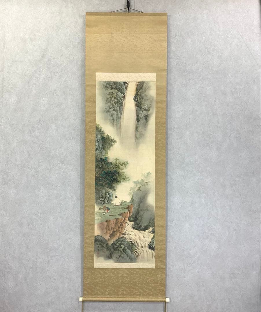掛軸 貴道春鳳 高士観瀑之図 共箱 山水 滝 瀧 3-2