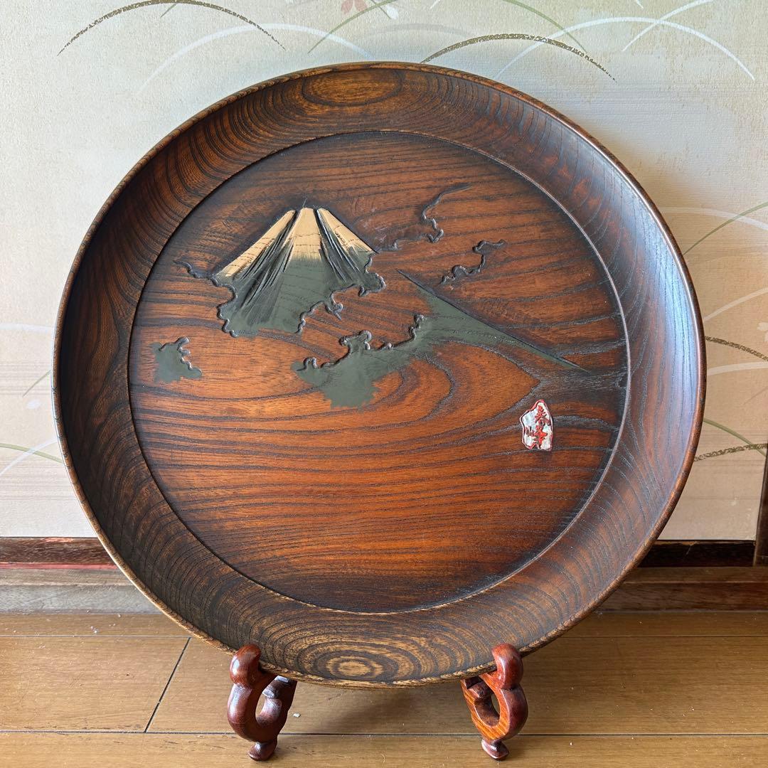 烏城彫 富士山 伝統工芸 銘 螺钿 春峰39.5cm 木彫り茶盆 3枚セット