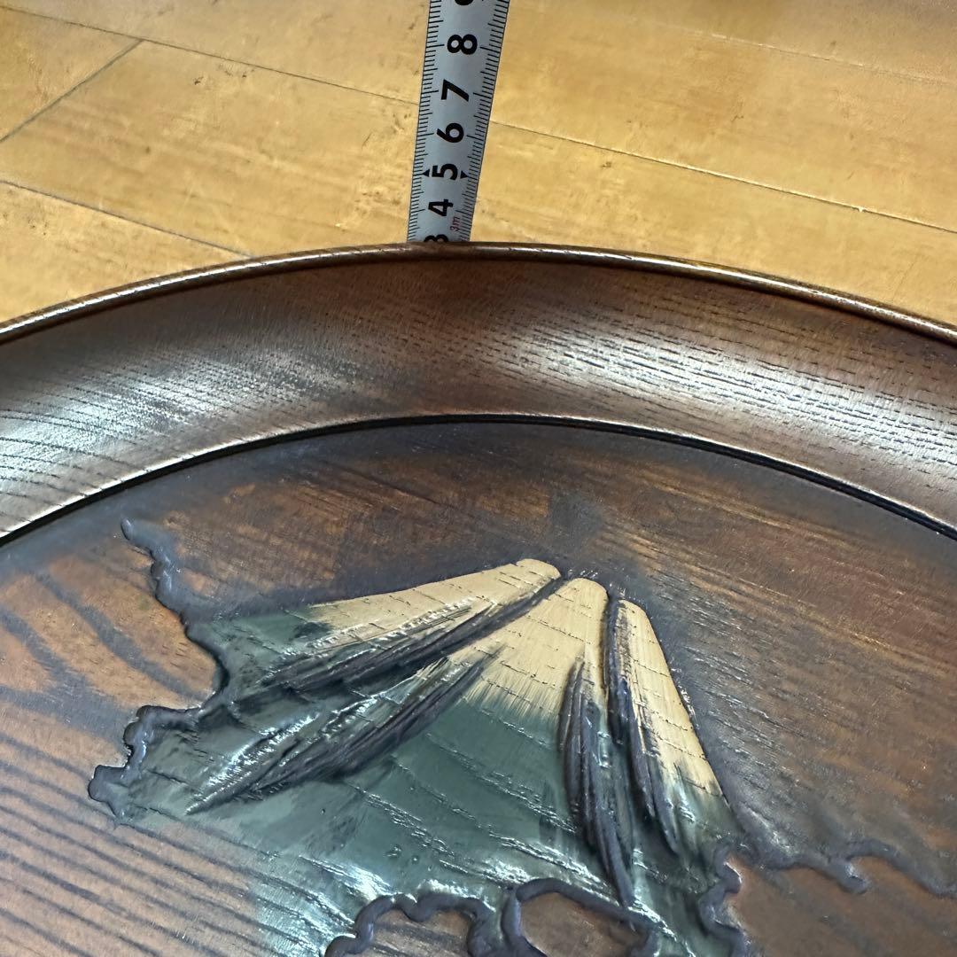 烏城彫 富士山 伝統工芸 銘 螺钿 春峰39.5cm 木彫り茶盆 3枚セット
