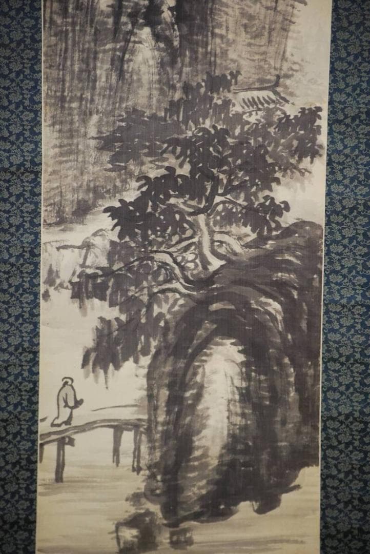 真作/津田白印/山水人物画賛/布袋屋掛軸HD-351