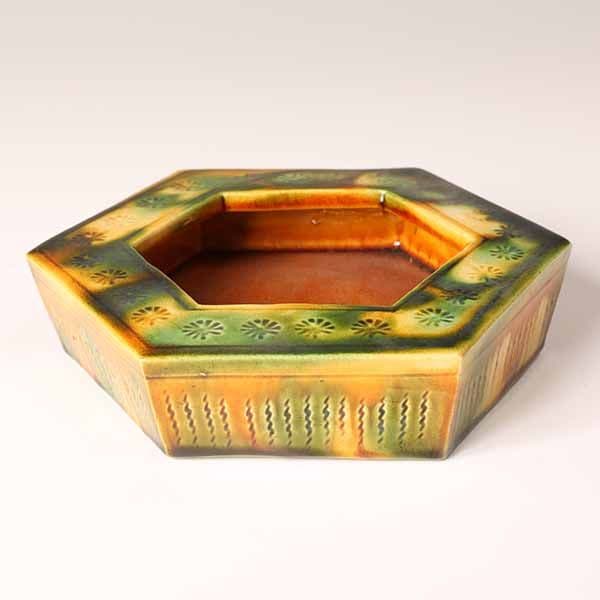 三彩六角灰皿　六代　清水六兵衛　唐三彩　【陶器】