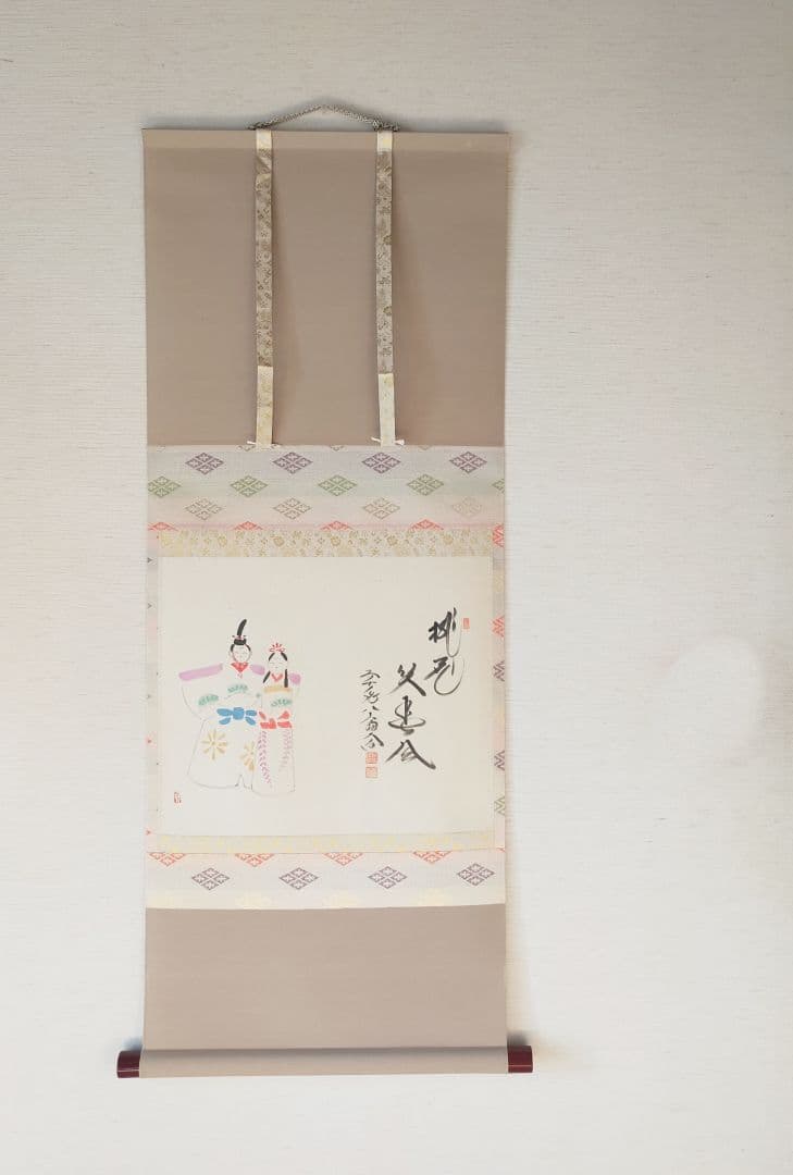【画賛掛け軸】ひな「桃花笑春風」