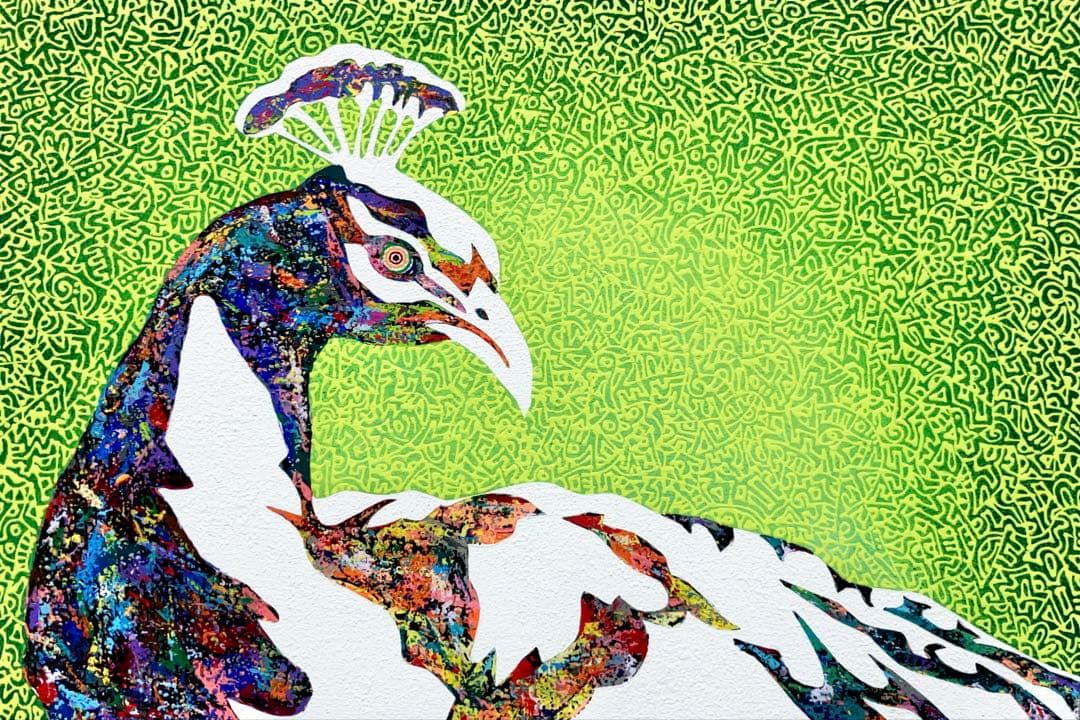 原画　孔雀　動物画　絵画　アクリル画　現代アート　細密画　手描き　一点物